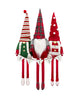 Load image into Gallery viewer, Front angle of the sitting gnomes. In this angle it can be fully appreciated the garland, which consists in a rope that has five pennant flags hanging on it, and each one has a letter printed on it. Combining the letters in the flags, they form the term &quot;Merry.&quot; 
