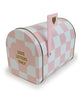 Load image into Gallery viewer, Side angle of the Valentine theme mailbox designed by Dabney Lee. The mailbox is positioned at a 45-degree angle. The structure&#39;s design consists in a pink and white checkerboard pattern. It has a pink heart imprinted in the door, showing the term &quot;Love Letters Only&quot;  on it. The flag is also pink with an illustration of a heart on the highest part. Both the term and the heart are brass color. Lastly, the background of the picture is white.
