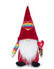 Load image into Gallery viewer, Front angle of the Pride gnome. In this view, the colorful heart on its hat with the term &quot;Pride&quot; and the heart-shaped balloon with the term &quot;Love&quot; can be fully appreciated. Lastly, the background of the photo is white.
