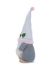Load image into Gallery viewer, Side angle of this spring decorative gnome. From this view, its body stands out with a gray sweater, creating a nice contrast with the white hat adorned with a pink cuff. The background of the picture is white. 

