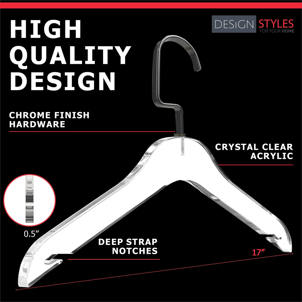 Designstyles Clear Acrylic Clothes Hangers, Heavy-Duty Closet Organizers  with Matte Black Steel Hooks, Perfect for Suits and Sweaters - 10 Pack