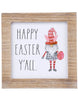 Load image into Gallery viewer, Front angle of the sign with term &quot;Happy Easter Y&#39;all&quot; on it. In this view, the main features of the item can be fully appreciated: The term on it written in black color, the illustration of the gnome holding an Easter egg, its rectangular shape, and its wooden frame. The background of the picture is white.
