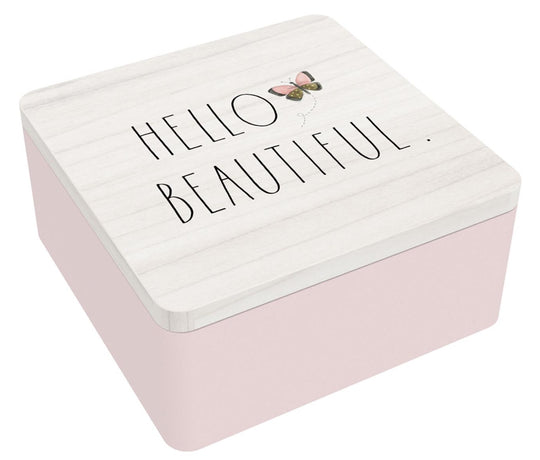 Rae Dunn "Hello Beautiful" Pink Jewelry Box with Wood Lid