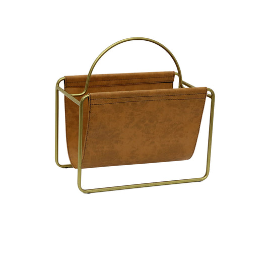 Becki Owens Camel Leather Magazine Holder in Gold-Color Frame