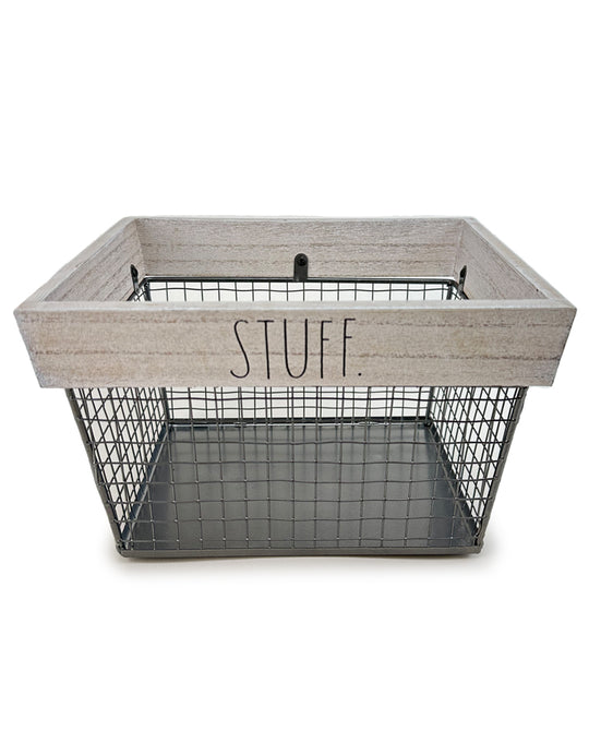 Rae Dunn “Stuff” Grey Wired Basket with Wooden Frame