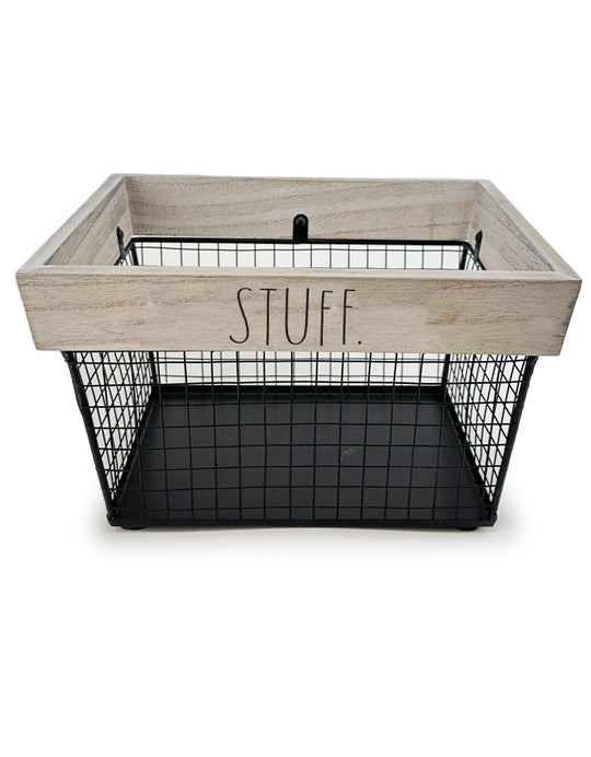 Rae Dunn “Stuff” Metal Wired Basket with Wooden Top