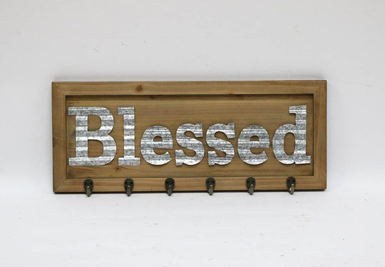 “Blessed” Vintage-Style Wood Wall Sign with Hooks