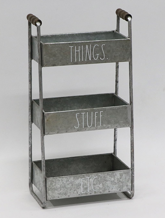 Rae Dunn Galvanized Metal 3-Tier Tabletop Caddy - "Things," "Stuff," and "Etc"