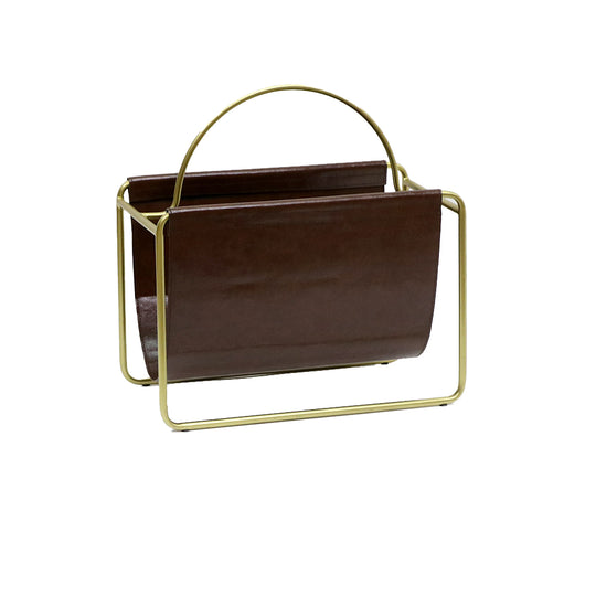 Becki Owens Brown Leather Magazine Holder in Gold-Color Frame
