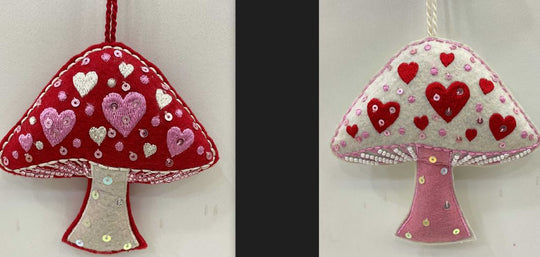 Willow & Riley Set of 2 Red/Pink/White Mushroom with Hearts Ornament