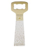 Load image into Gallery viewer, Front view of the bottle opener with acrylic-material handle. In this view, all its features are visible: The gold-color metal head, the tapered shape of the handle, its acrylic material, and the illustrations of gold-color bubbles. The background of the picture is white.
