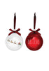 Load image into Gallery viewer, Front angle of the set of two Christmas ornaments. They are placed next to each other: On the left, the white ornament with the illustration of the Santa&#39;s sleigh ride. On the right, the red ornament with the term &quot;Believe&quot; on it. The background of the photo is white color. Lastly, this angle permits to fully appreciate the symbols on the ornaments.
