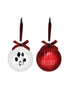 Load image into Gallery viewer, Front angle of the set of two dog-themed ornaments. They are placed next to each other: On the left, the white ornament with the illustration of a dog paw. On the right, the red ornament with the term &quot;Best Friend&quot; on it.  The background of the photo is white color. Lastly, this angle permits to fully appreciate the symbols on the tree balls.
