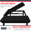 Load image into Gallery viewer, Side angle of the bed desk, showing the metal piece underneath the adjustable tabletop placed in the first notch of the bar below, taking the highest angle in which the table can be adjusted. Additionally, the picture displays the phrase &quot;Adjustable: Multiple incline levels to get the perfect position for maximum comfort!&quot; along with the phrase &quot;Fully assembled: This lap desk comes ready to use out of the box. Just unbox, unfold, and get to work!&quot;
