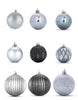 Load image into Gallery viewer, A front-angle picture featuring black and silver ornaments is presented. The image showcases nine styles of ornaments arranged in the following order: three styles in a row at the top, another three in the middle, and the remaining three below. The smaller-sized ornaments are displayed in the middle and top rows, while the row below features the three larger-sized ornaments. The background of the picture is white.
