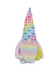 Load image into Gallery viewer, Front-angle picture of a butterfly-themed gnome. From this angle, the main features of the gnome can be fully appreciated: the hat with colorful butterflies printed on it, the multi-color beard, and the bubble wand container in one hand with the wand in the other. The background of the picture is white.
