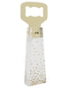 Load image into Gallery viewer, Side-angle view of bottle opener. In this view, all its features are visible: the gold-colored metal head, the tapered shape of the handle, its acrylic material, and the gold-colored bubble illustrations. The background of the picture is white.
