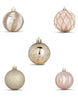 Load image into Gallery viewer, A front-angle picture featuring champagne gold-color ornaments is presented. The image showcases five styles of ornaments arranged in the following order: In the bottom-left part, a fully glittered ornament style is shown, while the bottom-right shows a diamond pattern style. A silver spotted ornament is presented in the center of the image. Lastly, the top part shows the faceted pattern ornament on the left, while in the right a half glittered and half slim ornament is shown.
