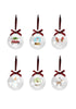 Load image into Gallery viewer, Front angle of this set of 6 clear glass Christmas balls. It is displayed in the following way: Three ornaments on the top part and the other three ornaments on the bottom. The background is totally white color. Lastly, in this angle it can be fully appreciated the illustrations that are displayed on these Christmas balls.

