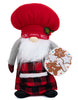 Load image into Gallery viewer, Front view of the Christmas kitchen gnome. In this angle, you can fully appreciate the gingerbread cookies with holiday-themed figures on them. There are five cookies with these shapes: 1. Candy cane, 2. Snowflake, 3. Star, 4. Christmas tree, and 5. Gingerbread man.

