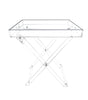 Load image into Gallery viewer, Frontal view of the acrylic tray table. From this angle, all its features are visible: folding legs, a rectangular tabletop, side handles, acrylic material, and a clear finish. The background of the picture is white.
