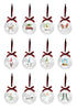 Load image into Gallery viewer, Front angle of the set of 12 clear glass Christmas balls. It is displayed in the following way: A row with four ornaments on the top, other row with four ornaments in the middle, and a last row with four ornaments below. The background is totally white color. Lastly, in this angle it can be fully appreciated the symbols that are on these Christmas balls.
