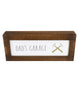 Load image into Gallery viewer, Frontal view of the freestanding sign designed for a father’s workspace. From this angle, all its features can be appreciated: its rectangular shape, the unfinished dark wood frame, the white plaque inside, the phrase “Dad’s Garage” displayed on it, and the illustration of two hammers crossed in an X shape. The photo&#39;s background is white.
