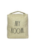 Load image into Gallery viewer, Frontal view of the Rae Dunn door stopper. From this angle, many of its key features are visible: the term &quot;My Room&quot; in black Rae Dunn font, the handle on top, the linen outer material, and its beige color. The background of the picture is white.
