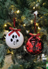 Load image into Gallery viewer, Closer angle of these dog-themed ornaments hanging on a Christmas tree. Placed next to each other, in this angle it can be appreciated that the lights in the tree are reflected on the ornaments, creating a shining effect.
