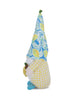 Load image into Gallery viewer, Side angle picture of the gnome with lemon references. In this view, the blue hat with illustrations of lemons becomes the focal point. The background of the picture is white.
