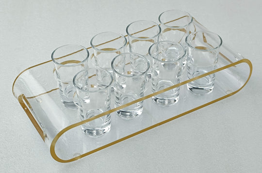 Set of 8 Shot Glasses with Gold-Edges Acrylic Holder