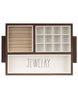 Load image into Gallery viewer, Top view of the holder for jewelry. From this angle, all the key features are visible: 3 sections, wood frame, &quot;Jewelry&quot; term written on the lower section, and the side handles. The background of the picture is white.
