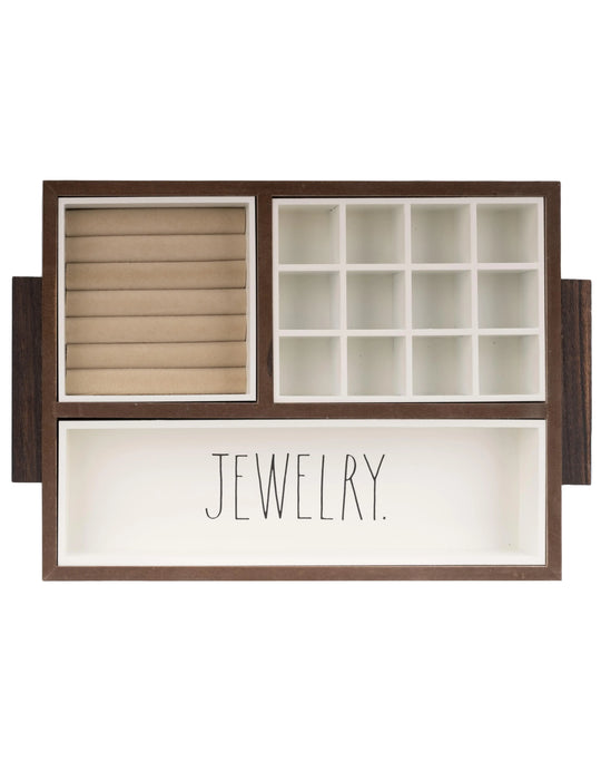 Rae Dunn “Jewelry” 3-Section Wood Jewelry Tray with Handles