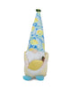 Load image into Gallery viewer, Front view of the gnome with illustrations of lemons on its hat. In this view, all its main features can be appreciated: the blue hat with illustrations of lemons, the yellow and white checkered-pattern sweater, and the plush lemon the gnome is holding. The background of the picture is white.
