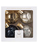 Load image into Gallery viewer, Package picture of the set of four Christmas ornaments with LED lights. The package has a square shape and it has a transparent plastic on the front, allowing the ornaments to be visible inside.
