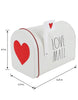 Load image into Gallery viewer, Dimensional picture of the Rae Dunn Valentine-themed mailbox. The mailbox is positioned at a 45-degree angle. The dimensions are indicated: 3.75&quot; in length, 6.25&quot; in depth, and 4.5&quot; in height.
