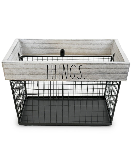Rae Dunn “Things” Square Metal Wire Basket with Wood Rim