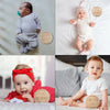 Load image into Gallery viewer, Second lifestyle picture of baby milestone plaques. It presents a collage of four images, each showing a baby with a plaque as an example of the types of photos that can be created using these circular pieces.
