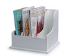 Load image into Gallery viewer, Lifestyle image of the freestanding 4-section holder for office papers, captured from a slightly left angle. The organizer holds several magazines, showcasing the types of print materials it can accommodate.
