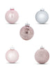 Load image into Gallery viewer, A front-angle picture featuring light pink ornaments is presented. The image showcases five styles of ornaments arranged in the following order:  In the bottom-left part, there&#39;s a pastel opaque pink style. In the bottom-right part, it shows a glittered ornament, equally in a pastel pink dark hue. In the center part of the image, a spotted ornament is displayed. The top-left part presents a shiny pink ornament, and the top right shows an opaque silver-color Christmas ball.
