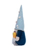 Load image into Gallery viewer, Side angle picture of the summer-themed gnome. In this angle, the contrast between the navy blue sweater and the sky blue and white striped pattern hat stands out. The background of the picture is white.
