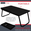 Load image into Gallery viewer, Dimension picture of the bed desk, slightly tilted to the left. The image shows the item&#39;s dimensions in inches: 22&quot; x 13&quot; x 9&quot;. It also includes a view of how the desk looks when the legs are closed. Additionally, the phrase &quot;Compact size and adjustability make the laptop desk easy to take anywhere!&quot; is shown, along with the wording &quot;Portable, folding legs make storage easy!&quot;
