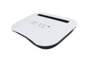 Load image into Gallery viewer, Side view of the white lap desk. As in the frontal view, all the front features are visible. In addition, the gray cushioned backing is clearly shown. The background of the photo is white.
