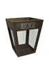 Load image into Gallery viewer, Side view of the mesh-style waste bin. Slightly tilted to the right, in this angle all its features are visible: the dark wood frame, square tapered shape, &quot;Recycle&quot; text on one side, shape-matching cutouts, and metal inserts within the cutouts. The background of the picture is white.
