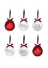 Load image into Gallery viewer, Front angle of the set of 6 white Christmas ornaments. It is displayed in the following way: A row with three ornaments above and another row with three ornaments below. The background is totally white color.
