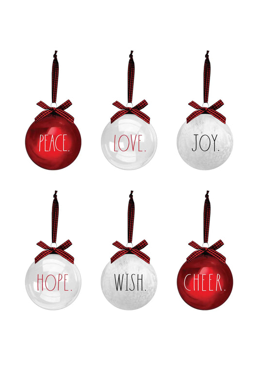 Rae Dunn Set of 6 Red and White Christmas Balls with Words