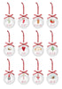 Load image into Gallery viewer, Front angle of the set of twelve red and white ornaments. It is displayed in the following way: A row with four ornaments above, other row with four ornaments in the middle, and a last row with four ornaments below. The background is totally white color. Lastly, in this angle it can be fully appreciated the images and terms on them.
