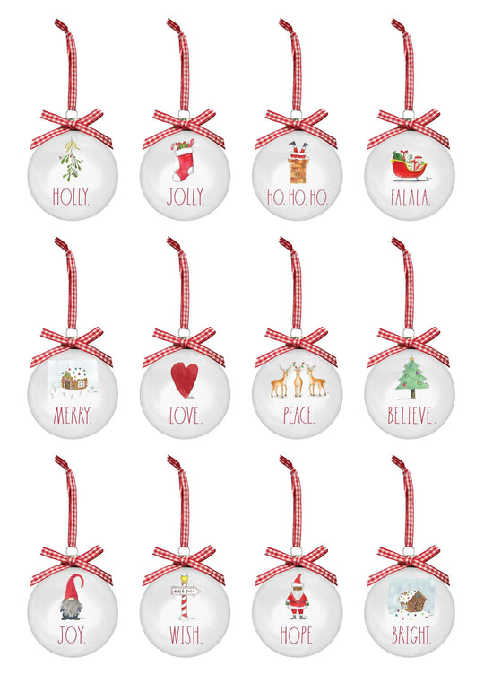 Rae Dunn 12 Illustrated Red and White Christmas Ornaments