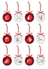 Load image into Gallery viewer, Frontal view of the set of 12 red and white ornaments. From this perspective, the symbols showcased on the front of each ornament can be fully appreciated. Each ornament features a Christmas-related image alongside a number ranging from 1 to 12. In the photo, the ornaments are arranged as follows: a row above displaying ornaments 1, 2, 3, and 4; the middle row showcasing ornaments 4, 6, 7, and 8; and the bottom row presenting the remaining ornaments numbered 9, 10, 11, and 12.
