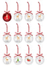 Load image into Gallery viewer, Front angle of the set of twelve reindeer-themed ornaments. It is displayed in the following way: A row with four ornaments above, other row with four ornaments in the middle, and a last row with four ornaments below. The background is totally white color. Lastly, in this angle it can be fully appreciated the images and terms on them.
